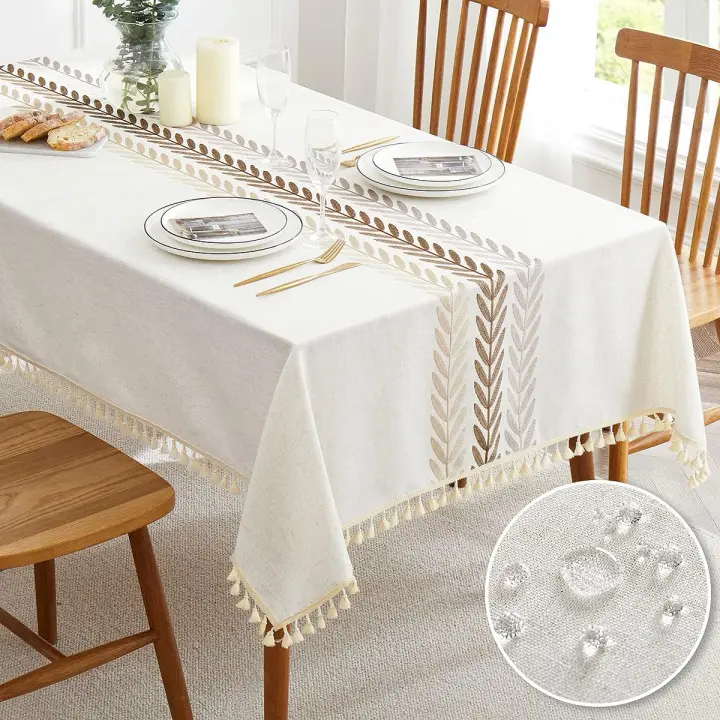 Mantel bordado QIANQUHUI para mesa de comedor, a prueba de polvo, a prueba de derrames, resistente a la suciedad, de lino de algodón rectangular - 1