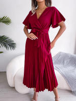 Vestido Maxi Elegante De Cintura Alta Con Volantes Y Mangas De Mariposa Para Mujer Vestido De Fiesta Casual De Polyester - details 4
