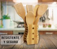 Kit utensilios de cocina madera 5 piezas de Gadgets Cocina con soporte Cucharas de madera para cocinar Kitchen gadgets Juego utensilios de cocina Paleta Antiadherentes Cucharas madera cocina,M2 Tec - details 1