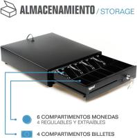 Iggual - Cajón Portamonedas IRON-10 - Caja Registradora Apertura Manual o Automática, RJ11, Medidas 38 x 33,5 x 8 cm, 4 + 6 Compartimentos Efectivo Billetes y Monedas, Cerradura de 3 Posiciones, Ideal para Restaurantes, Bares, Tiendas, Negocios - Negro - details 3