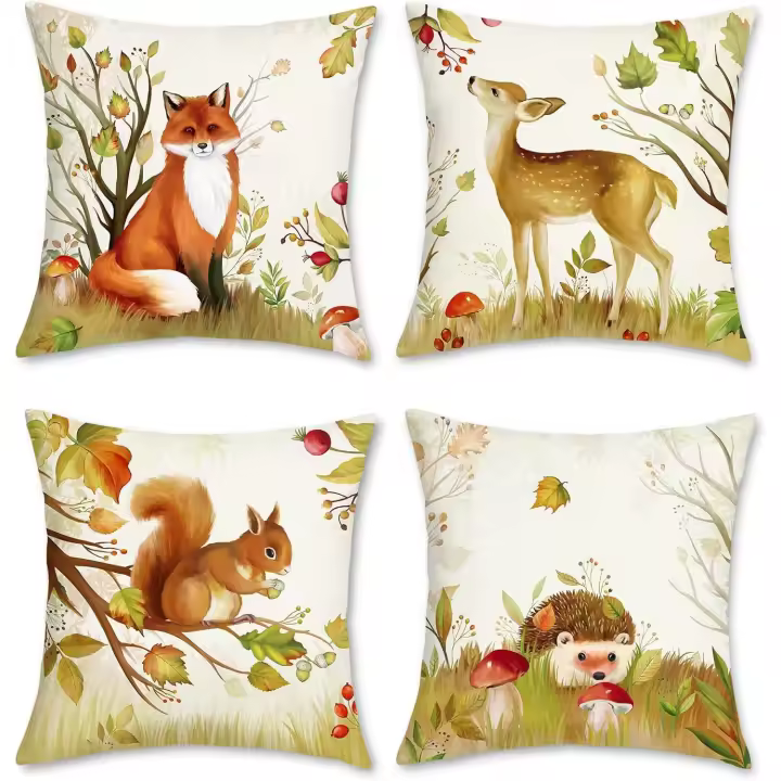 Fundas de Animales de felpa Del Bosque, 45x45 cm, Ciervo, Zorro, Juego, fundas de almohada Decorativas para Sofá, Cama, Hogar, habitación de niños, Juego de 4 - 1