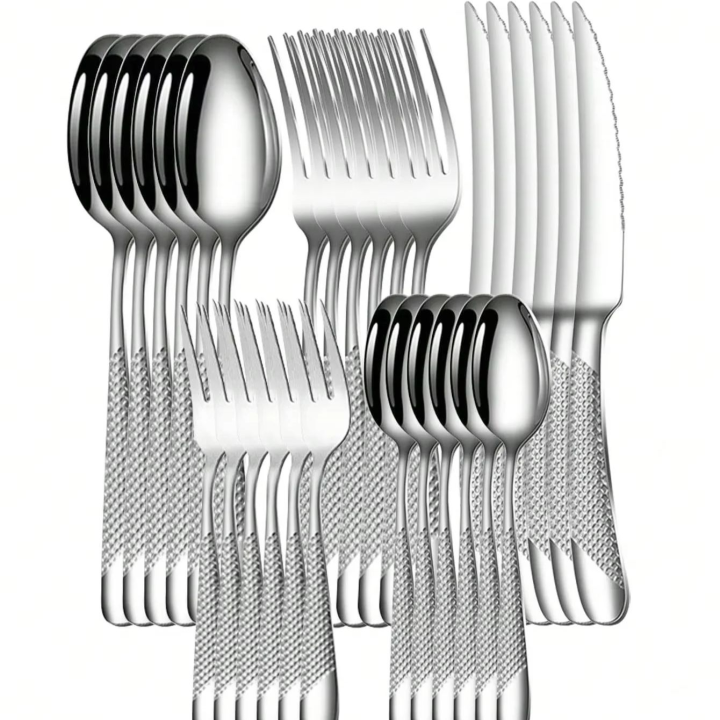 Juego De Utensilios De Cocina De Acero Inoxidable Plateado Estrella Y Diamante 6/24/30 Piezas Cuchillo Tenedor Y Cuchara Alta Gama