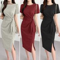 Vestido Bodycon Elegante De Verano ZANZEA Para Mujer Con Manga Corta Y Brecha En El Costado Vestido De Trabajo OL Con Cierre De Cremallera Y Decoración De Encaje Vestido Midi De Polyester - details 1