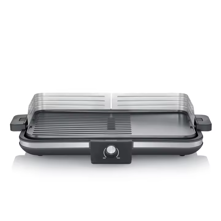 SEVERIN Parrilla Eléctrica, plancha grill de mesa, 2.300 W hasta 230°C, con revestimiento cerámico y pantalla LED, para carne, pescado, marisco y verdura, acero inoxidable y negro mate, PG 8564 - 1