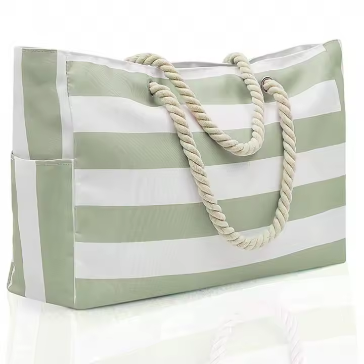 Bolsa de Playa de Lona a Rayas, Bolso de gran capacidad, Bolso de mano de moda para Viajes, Ideal para Playa, Viajes y Camping - 1