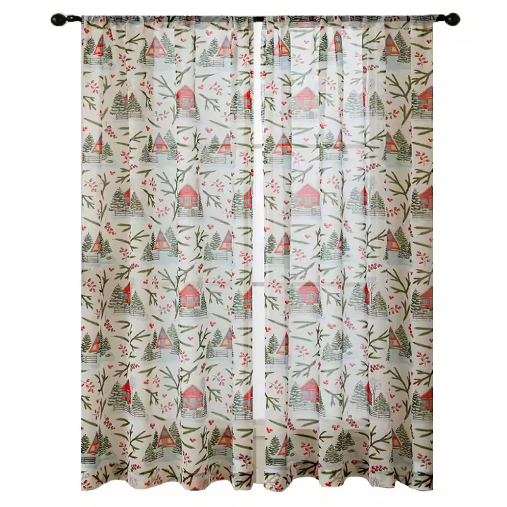 2PC Cortinas Navideñas Decorativas Para Sala De Estar Y Dormitorio Pantalla De Ventana Modernas De Poliéster Sin Cortina Doble - 1