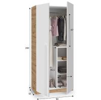 Meimon Armario NOA de 2 puertas en acabado Roble Nodi Blanco Artik con barra de colgar de aluminio extraíble, 3 estantes interiores, bisagras metálicas, tirador ABS blanco, trasera MDF lacado, y estructura en tablero melaminizado E1 de 15 mm - details 3
