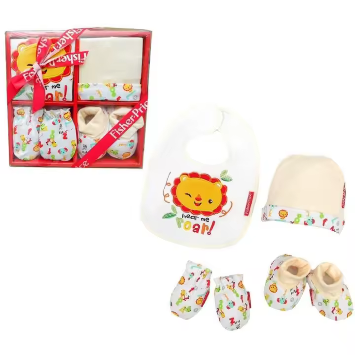 Set regalo primera puesta bebe recien nacido 4 piezas GORRO BABERO MANOPLAS Y PATUCOS - 1