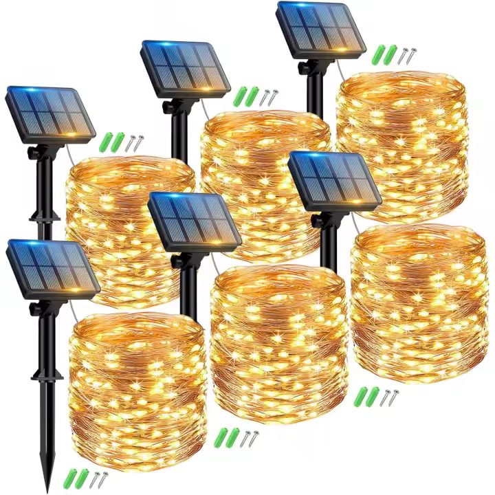 Guirnalda de luces Solares para Exteriores-6 unidades, 12 m, 100 Luces LED, Luces Solares LED para Exterior, Luces para decoración de Jardín, luces Cálidas o de Colores opcionales - 1