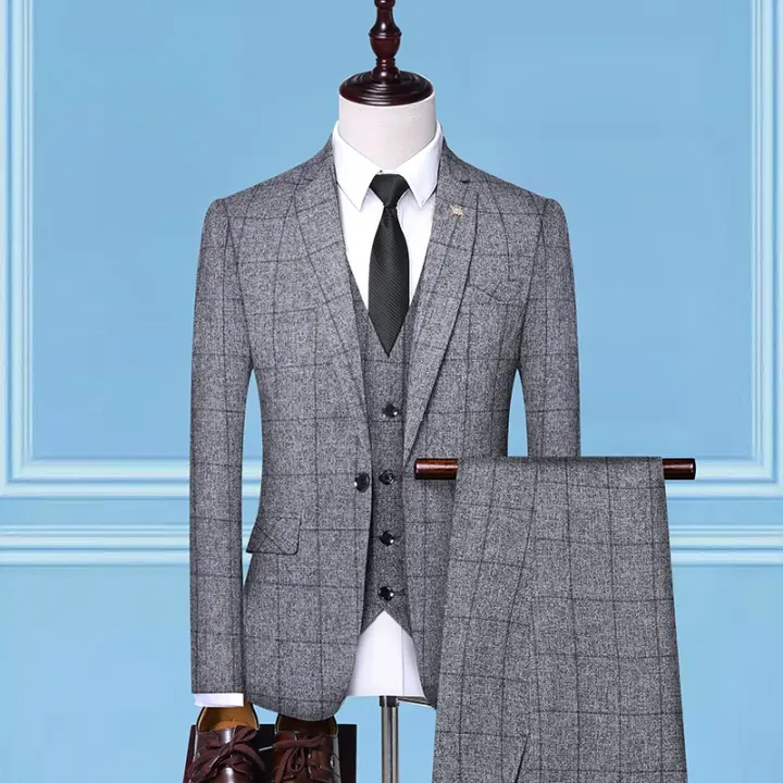 Traje De Tres Piezas Ajustado Para Hombre Con Chaleco Y Pantalones Estilo Británico De Alta Gama Para Bodas Y Fiestas Vestimenta Formal Casual - 1