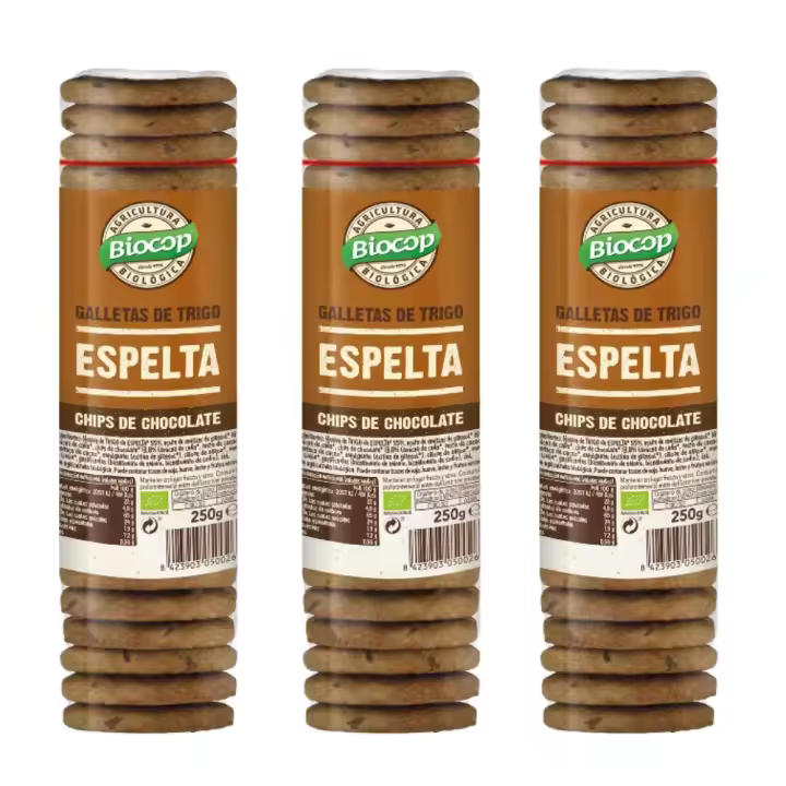 Galletas de trigo, espelta integral con chips chocolate  Packs 3  Galleta gruesa y crujiente  Con aceite de girasol  Biocop - 1