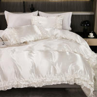Set De Edredón Satinado 3PCS Colores Blanco Khaki Y Rosa Seda Suave Con Volantes Estilo Moderno Para Cama Conjunto De Ropa De Cama - details 4