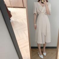 Vestido REALEFT Para Mujer Verano Otoño Manga Acolchada V-Neck Cinturón Frontal Cruzado Elegante Casual A-Line Midi Para Oficina - details 7