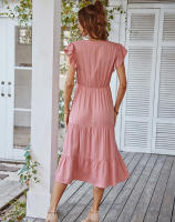 Vestido Largo Medio De Verano Para Mujer Con Manga Volante Y Cuello V Estilo Casual Suelto A-Line Sin Capucha Material Viscosa Y Poliéster - details 12