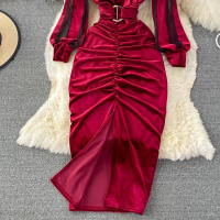 Vestido Bodycon De Veludo Negro/Rojo Para Mujer Vintage Con Cuello En V Y Mangas Largas Patchwork Midi De Otoño Invierno - details 7