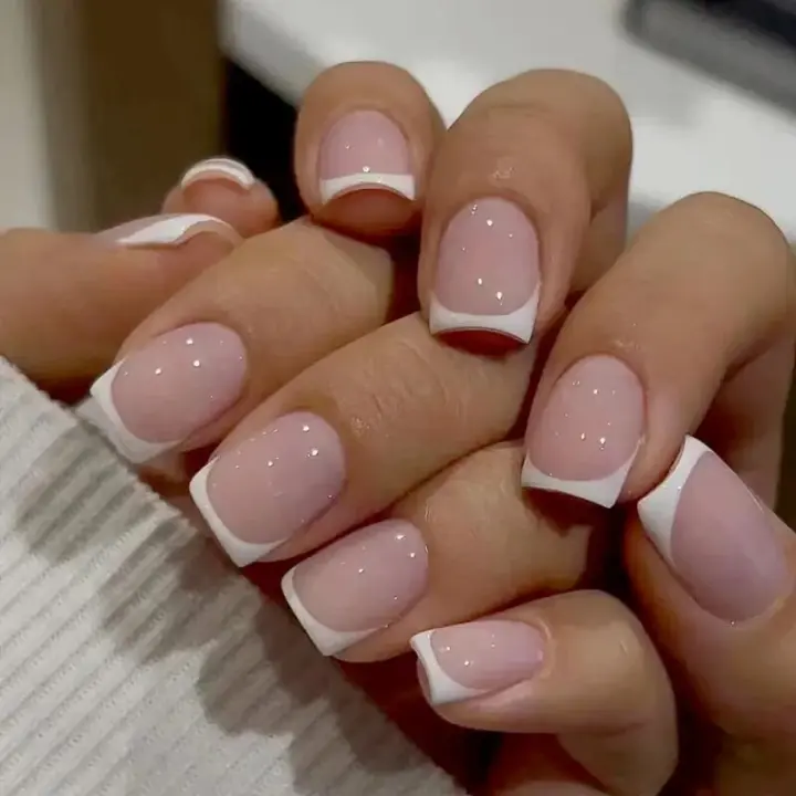 24 PCs Uñas Postizas Cortas Estilo Francés Minimalista Con 1 Jelly Y 1 Archivo De Uñas Combinación De Uñas Postizas De Plástico - 1