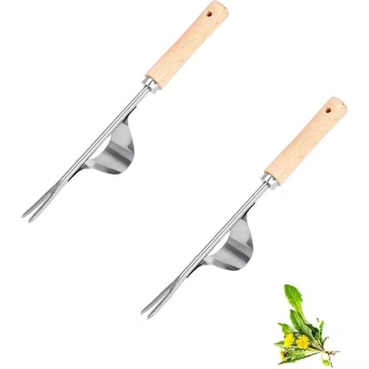 Herramientas de jardinería de acero inoxidable con mango de madera Juego de herramientas de jardinería manual de 2 piezas para cavar, desmalezar y aflojar la tierra. - 1