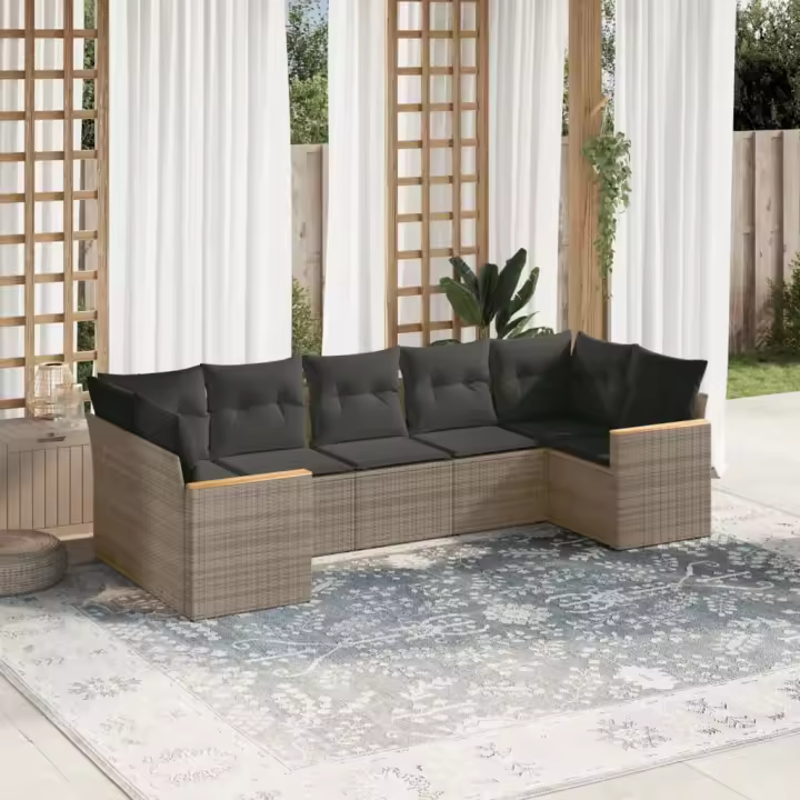 vidaXL Set de sofás de jardín 7 piezas con cojines ratán PE gris - 1