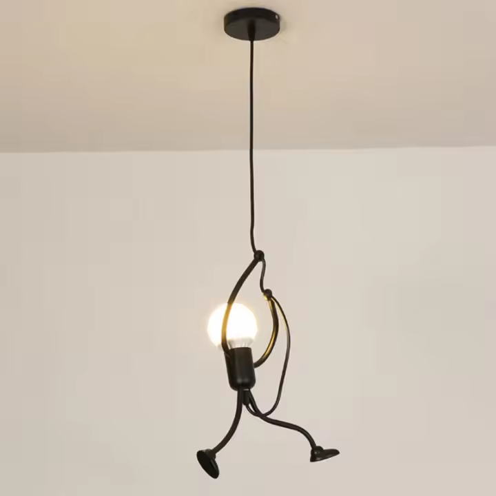 Lámpara Colgante De Hierro Vintage Con Diseño De Hombre Pequeño Arte Moderno LED Para Decoración De Sala De Estar Y Dormitorio Infantil E27 Pendente Negro - 1