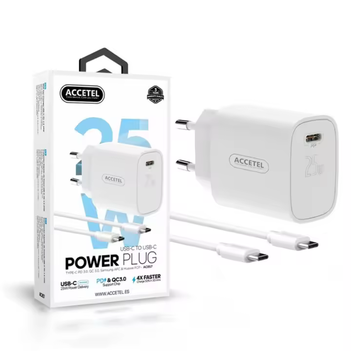 Accetel AC857 Cargador Carga Rápida De Pared USB-C PD 25W - Cable USB-C A USB-C 1M - 1
