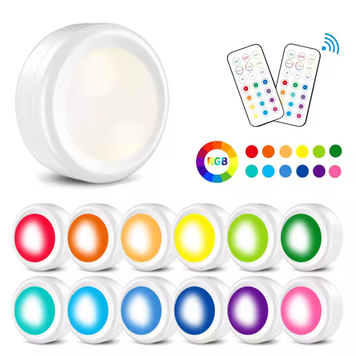 Luz de control remoto RGB de 2,42 pulgadas, luz LED que cambia de color, funciona con batería regulable, luz inalámbrica debajo del gabinete, 13 colores, 100 horas de duración de la batería, con temporizador y memoria (blanco) - 1