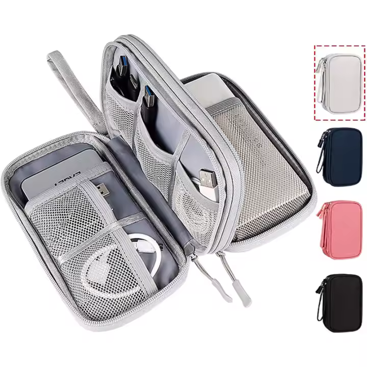 Bolsa organizadora de dispositivos electrónicos, impermeable, portátil, organizador de dispositivos electrónicos, bolsa para accesorios de viaje, bolsa para cables, doble capa, color gris - 1