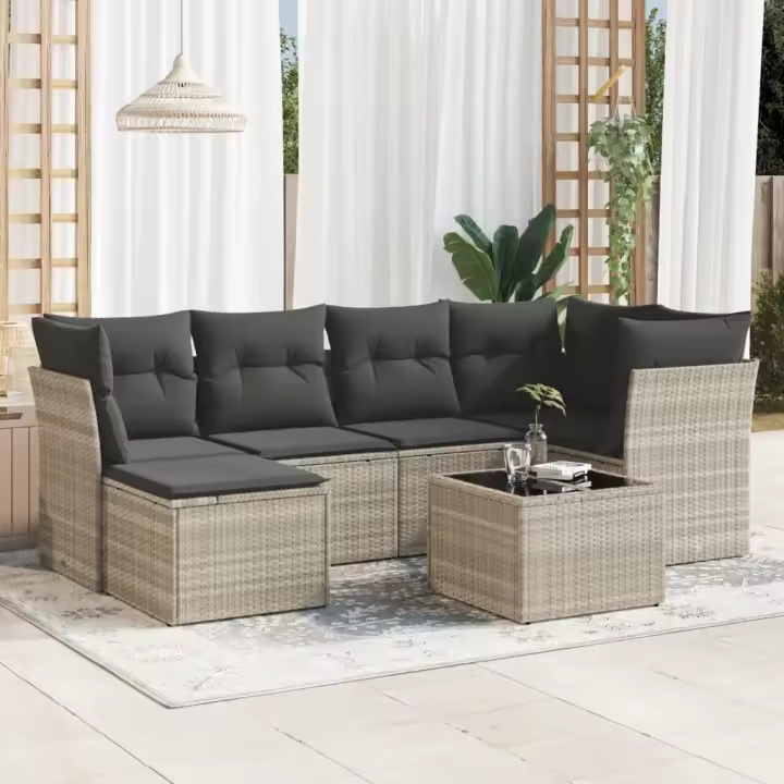 vidaXL Set de sofás de jardín 7 pzas con cojines ratán PE gris claro - 1
