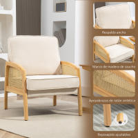HOMCOM Sillón de Salón Moderno Butaca para Dormitorio con Reposabrazos de Ratán Cojín Extraíble y Patas de Madera Sofá Individual Carga 120 kg para Oficina Sala de Estar Beige - details 5