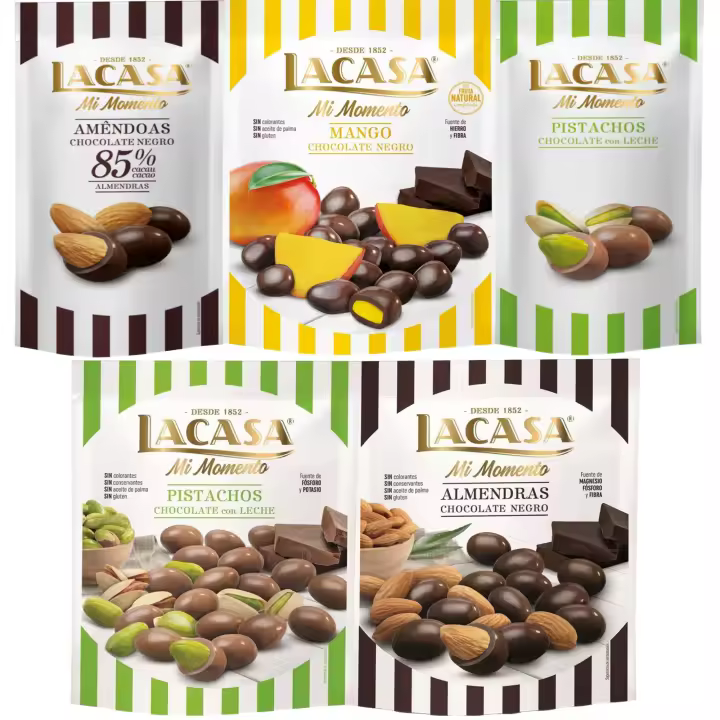 Lacasa Mi Momento pack de 5:Pistacho Chocolate Leche,Almendra 85% ,Almendra Chocolate Negro ,Pistacho Chocolate Leche ,Mango Chocolate Negro - 1