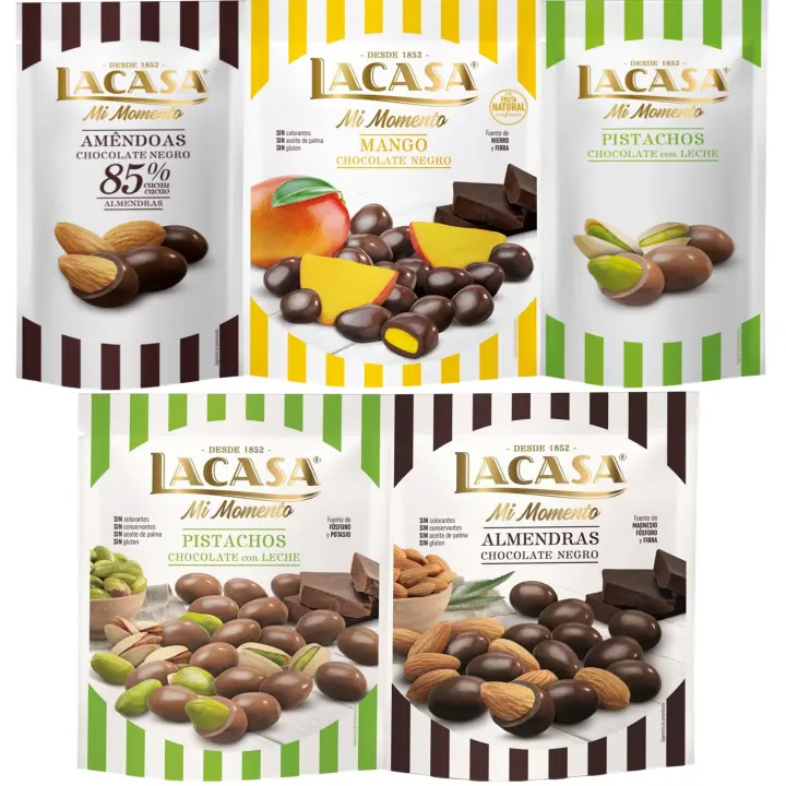Lacasa Mi Momento pack de 5:Pistacho Chocolate Leche,Almendra 85% ,Almendra Chocolate Negro ,Pistacho Chocolate Leche ,Mango Chocolate Negro - 1