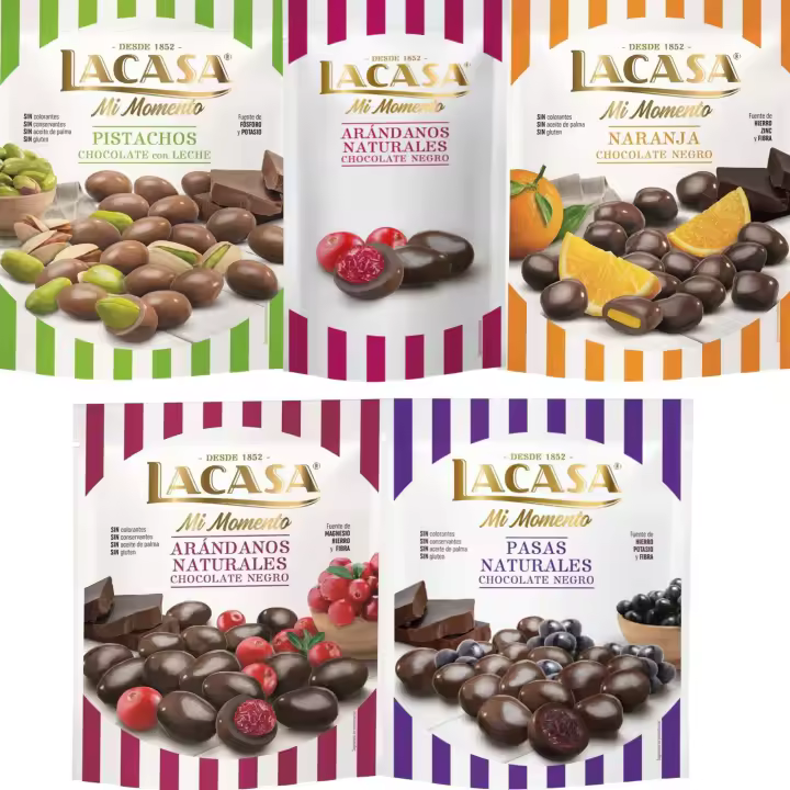 Lacasa Mi Momento pack de 5:Arándano choco Negro 60G,Arándano choco Negro 125G,Pasas choco Negro 150G,Naranja choco Negro 125G,Pistacho Leche 100G - 1