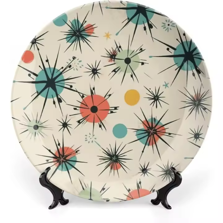 Plato decorativo de porcelana china con diseño retro de estrellas atómicas, platos decorativos de cerámica con soporte de exhibición, platos de cerámica con adornos, platos redondos para la cena, platos de exhibición de porcelana de 6 pulgadas - 1