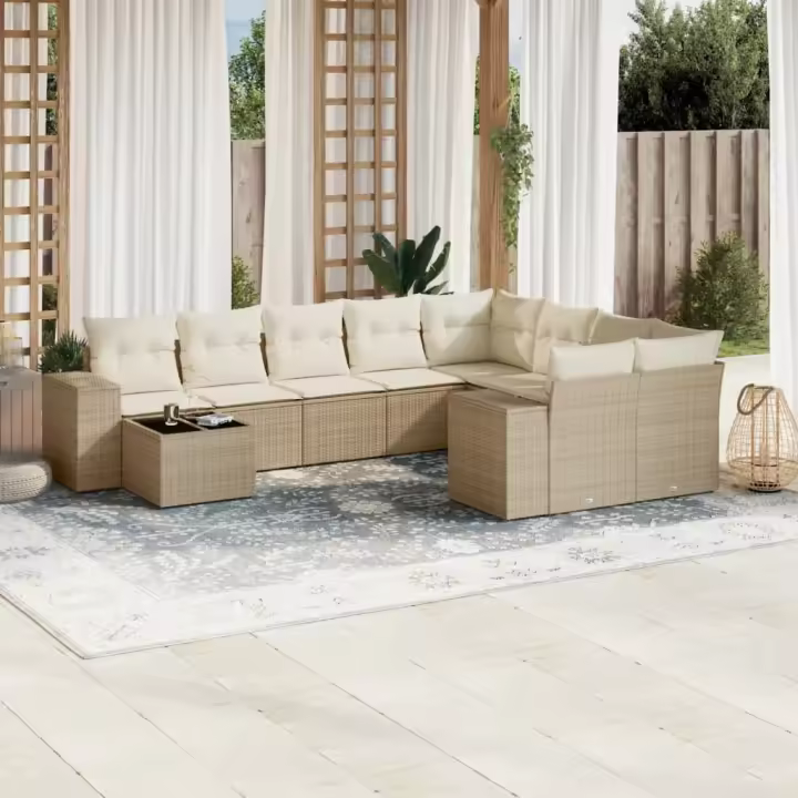 vidaXL Juego de sofás jardín con cojines beige 10 pzas ratán sintético - 1