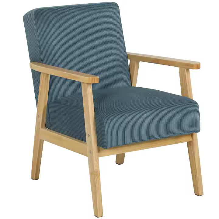 HOMCOM Butaca, sillón de 1 plaza, estilo moderno de mediados de siglo, tela de pana, estructura de madera maciza, para salón, dormitorio, estudio, azul - 1