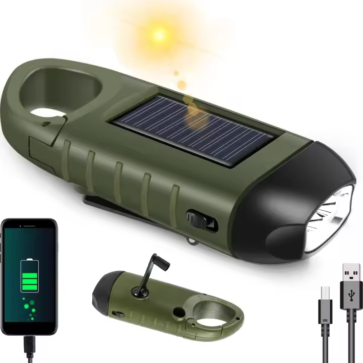 Solar LED recargable interior con manivela y Cargador, recargable por USB con cabeza para senderismo, ideal para Emergencias, Exterior y camping [Clase Energética A ++] - 1