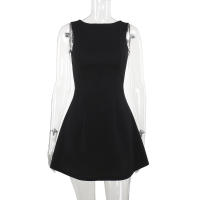 Vestido De Verano Para Mujer 2024 Estilo Europeo Y Estadounidense Cuello Redondo Sin Mangas Color Sólido Cintura Alta Manga Corta Casual Longitud De Rodilla - details 6