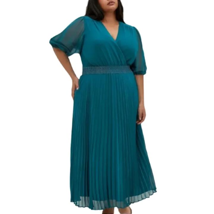 Vestido Largo De Mujer plus Size 1XL-5XL Estilo Casual Con Cuello En V Y Cintura Plisada Color Sólido Otoño Manga Corta