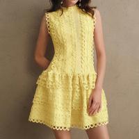 Vestido Mini De Encaje Con Agujeros Huecos Para Mujer Cuello Erguido Sin Mangas Cintura Alta Spliced Botones Estilo Vintage - details 22