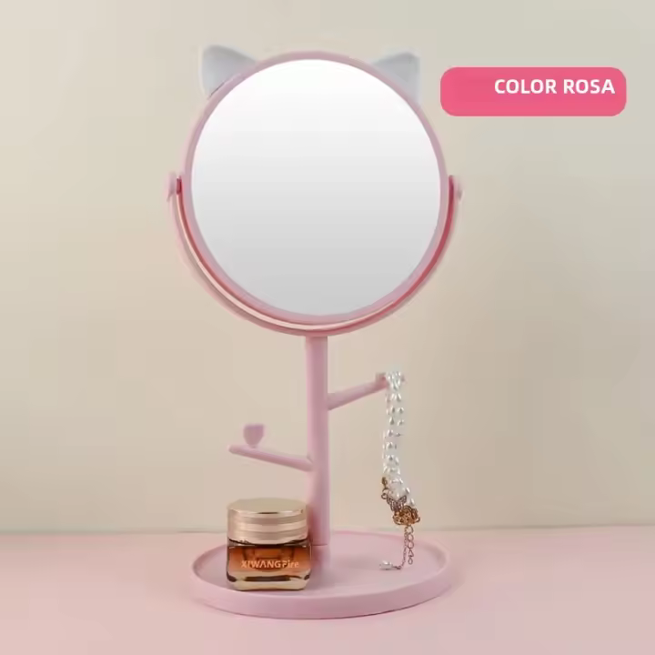 Espejo De Maquillaje Con Orejas De Gato Lindo Y Soporte Para Joyas De Rotación 360° Base De Escritorio Para Baño Y Mesa Espejos De Maquillaje - 1