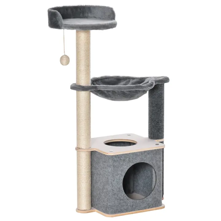 PawHut Árbol Rascador para Gatos 48x34x95 cm Árbol para Escalar Juego y Descanso con Hamaca Plataformas Cueva Extraíble Bola Colgante y Postes para Rascar de Sisal Gris - 1