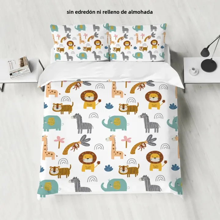 Juego De Sábanas Con Patrón De León Infantil 3 Piezas Funda De Edredón Y 2 Fundas De Cojines 100% Poliéster 90gsm Sin Relleno - 1