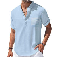 Camisa De Algodón Y Lino Para Hombres Verano Cuello Henry Camiseta Casual Manga Corta Ropa Masculina Transpirable Y Ligera - details 5