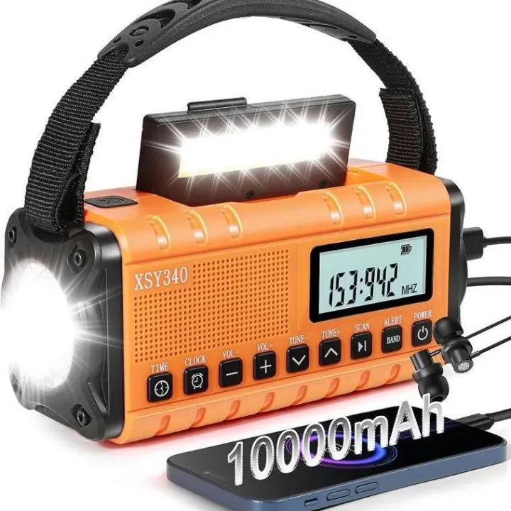 Radio de emergencia portátil con luz de lectura y batería recargable de 10000mAh resistente al agua AM/FM/SW/NOAA alerta solar manivela - 1