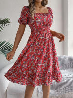 Vestido Elegante De Primavera Y Verano Para Mujer Con Estampado Floral Cuello Cuadrado Manga Corta Volante Al Borde Vestido A-Line De Rodilla Casual - details 32