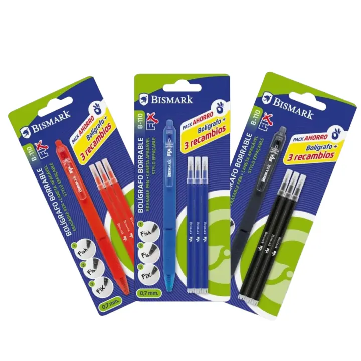 Bolígrafo Bismark Borrable con Clip mas 3 Recambios - color a elegir entre Azul, Rojo o Negro - venta por unidad - 1