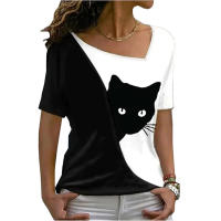 Blusa De Verano Para Mujer Estilo Nuevo Con Cuello Inclinado Y Estampado De Gato Negro Manga Corta Camiseta Casual De Polyester Y Spandex - details 3