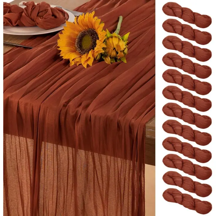 Terracotta Cheesecloth Table Runner 12 Pack Boho Fall Burnt Orange Cheese Cloth Table Runners 120 Inches Rust Thanksgiving Table Decorations for Wedding Bridal Baby Shower Frinedsgiving Decor - 1