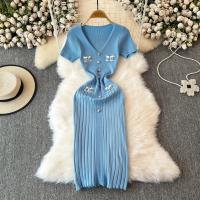 Vestido Largo Elegante Tejido Para Mujer Verano V Cuello Suelto Botones Bodycon Midi Fiestas Oficina Vestidos De Mujer - details 0