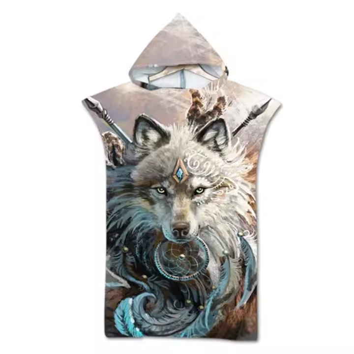 Toalla De Playa De Microfibra Wolf Con Capucha Secado Rápido Toalla De Neopreno Para Adultos Y Niños Poncho Baño Para Natación Y Surf - 1