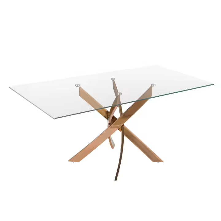 Angel Cerdá - Mesa de Comedor Rectangular con Tapa Fija de Cristal Templado Transparente y Patas de Acero Inoxidable Color Oro Rosa - Diseño Moderno y Elegante para 8 Comensales - 180 x 95 x 75 cm - 1